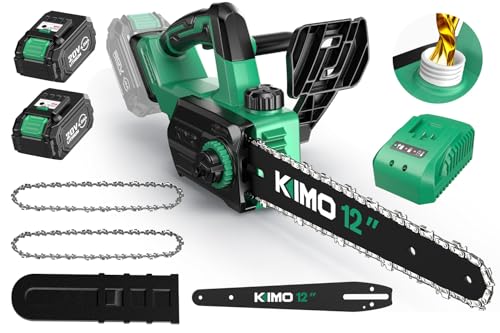 Image of KIMO Brushless Electric Chainsaw Cordless, 4.0Ah Battery & Fast Charger, Handheld Chain Saw with Auto Oiler, Battery Powered Chainsaw Electric for Tree Trimming, 34 FT /S Cutting Speed
