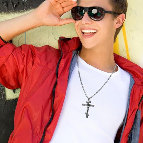 OIDEA Orthodox Cross Necklace: Mens Womens Retro Religious Jesus Orthodox Cross Pendant Stainless Steel Christian Prayer Jewelry Gift2