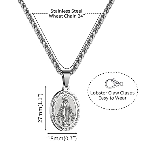 P. BLAKE Oval Saint Christopher/Michael/Joseph/Jude/Virgin Mary/Joseph/Francis/Patrick/Anthony/Benedict/Thomas Necklace for Men Women, Stainless Steel Catholic Patron Pendant with Chain 24 Inches