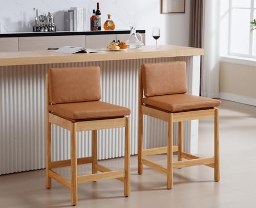 EALSON Counter Height Bar Stools Set of 2 Farmhouse Barstoos with Back Mid Century Modern Counter Stools with Natural Wood Legs Upholstered Leather Bar Charis for Kitchen Island/Pub, Brown