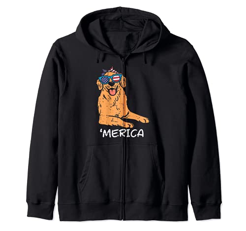 Merica Golden Retriever American USA 4th Of July Fourth Dog Zip Hoodie, Black