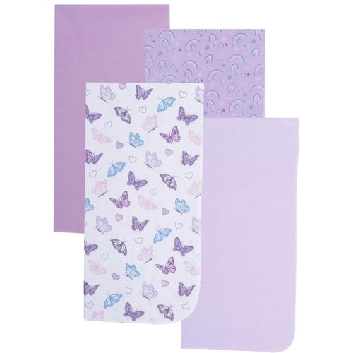 Image of EVERYDAY KIDS 4 Pack of Soft Receiving Baby Blanket Set for Girls; Purple Baby Swaddle Blankets with Butterfly and Rainbow Designs for Newborn Baby Girl Nursery