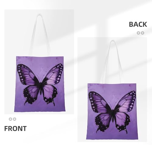 Butterfly Purple Print Reusable Canvas Tote, Shopping Bag With Handles For Daily And Grocery Use3