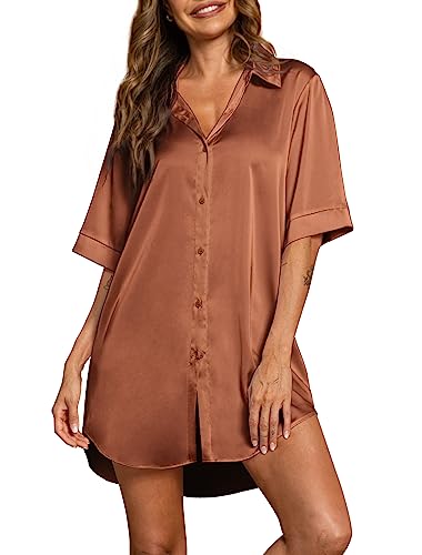 Pokwai Womens Satin Nightgown Button Down 3/4 Sleeve Nightgown Silk Sleepshirt Night Shirts For Women(Brown,Xx-Large) #TOP27