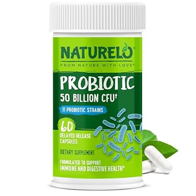 NATURELO Probiotics for Digestive Health, 50 Billion CFU, 60 Vegetarian Capsules, 11 Strains, Daily Use Supplement, Delayed Release, No-Fridge, Boosts Immune System, Probiotics for Women & Men