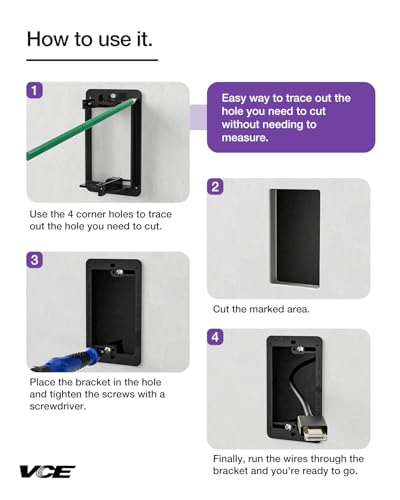 Image of VCE Low Voltage Mounting Bracket Single Gang Wall Plate, Flush Low Voltage Box for Network, HDMI, Coaxial, Speaker, Telephone Cables, Black, 5 Pack