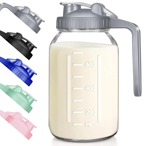 Image of Wide Mouth Mason Jars 32 oz with Pour Spout Lids, SNGKMSYG 1 Quart Glass Pitcher with Lid, Double Leak Proof Breast Milk Pitcher for Fridge, Coffee, Water, Iced Tea (Gray, 32oz, 1 Pack)