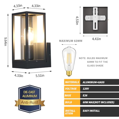 Image of Outdoor Wall Light with Mount,Exterior Wall Lighting, Aluminum Waterproof Porch Light Fixture for Front Door, Patio,Black