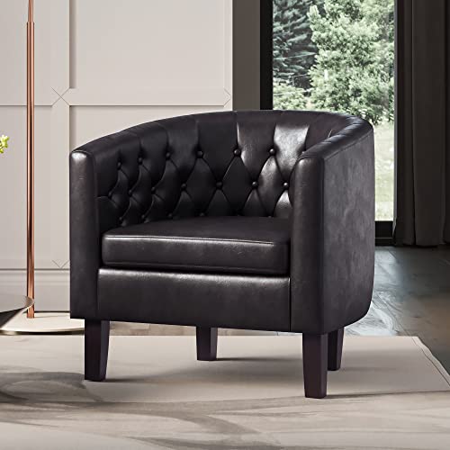 Image of BELLEZE Brown Accent Chairs for Living Room, Set of 2 Elegant Arm Chairs, Upholstered Tufted Barrel Chairs Club Chairs for Bedroom with Sturdy Legs and Faux Leather - Berlinda (Brown)