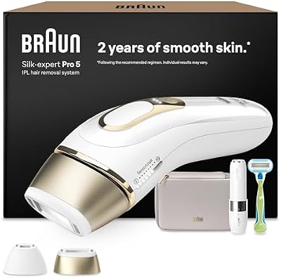 Braun Luz Pulsada Silk-expert Pro 5, Alternativa a Depiladora Laser, Eliminación Del Vello En Casa, Depiladora IPL Con Funda, Maquinilla Venus, 2 Cabezales, Miniafeitadora Facial, Blanca/Dorada