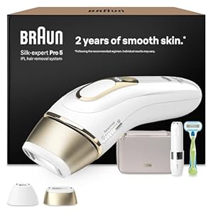 Braun IPL Silk·expert Pro 5 – IPL Geräte Haarentfernung, Dauerhafte und Schmerzfreie Haarentfernung für Zuhause – inkl. Etui, Venus Rasierer, 2 Aufsätze, Designed In Germany – PL5156, Weiß/Gold