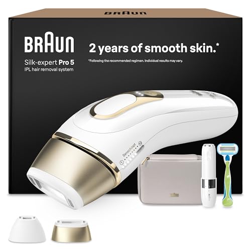 Braun Luz Pulsada Silk-expert Pro 5, Alternativa a Depiladora Laser, Eliminación Del Vello En Casa, Depiladora IPL Con Funda, Maquinilla Venus, 2 Cabezales, Miniafeitadora Facial, Blanca/Dorada