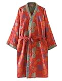 UUNBS Kimono japonés para Mujer Bata de Gasa Jacquard 100% algodón Yukata Ligera para Sauna Ropa de Estar en casa,Red b,L