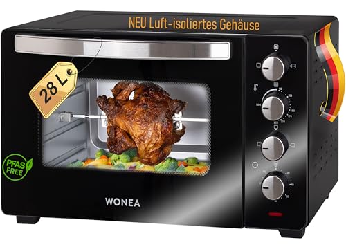 Minibackofen 28 Liter 1600 Watt, Mini-backofen mit Umluft, Mini Backofen mit Luft-isoliertem Gehäuse, Krümelblech, Minibackofen mit Drehspieß, Ofen mit...