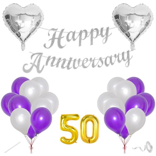 Image of Flyloons 50th Happy Anniversary Decoration Items Purple for Men Women Husband Wife Mom Dad Couple Home Bedroom Car With 20 Pcs Metallic Balloons Anniversary Banner 2 Pcs Heart Set Kit Golden Jubilee