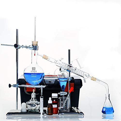 New 21Pcs Lab Essential Oil Extraction Distillation Apparatus 500ml Distillation Glassware Kits with Graham Condenser Separating Funnel Storage Box Chemical Laboratory Equipment