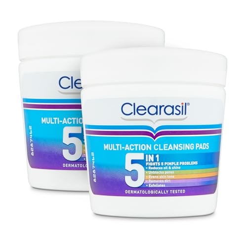 Clearasil 5-In-1 Multi-Action Cleansing Salicylic Acid Pads Face Exfoliating For Acne Prone Skin Unblock Pores Reduces Blackheads Pimples & Excess Oil Everyday Spot Prevention 65s (Pack Of 2)