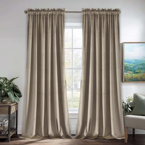 JIUZHEN Taupe Velvet Curtains for Living Room -108 inches Long Thermal Insulated Room Darkening Rod Pocket Window Drapes Backdrops for Bedroom, Set of 2 with Tiebacks, 60W x 108L