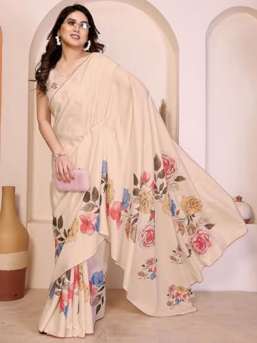 Image of Satrani Women's Tussar Silk Floral Printed Saree with Unstitched Blouse Piece