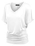 Made By Johnny MBJ WT1037 V Neck Short Sleeve Dolman Top with Side Shirring L White