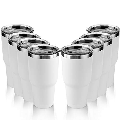 8 Pack 30oz Travel Mug with Lids, Stainless Steel Vacuum Double Wall Bulk Tumbler, Durable Insulated Coffe Cup with Splash Proof Sliding Lids for Home, Office, Party(White)