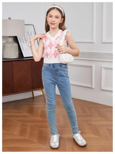 Image of OYOANGLE Girl's Argyle Plaid V Neck Sweater Vest Sleeveless Preppy Casual Pullover Knitted Tank Tops