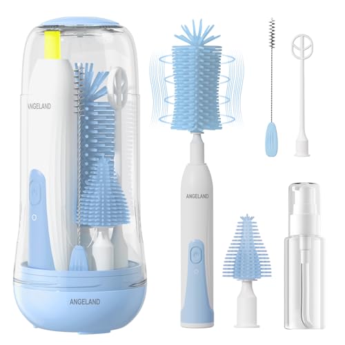 Image of Electric Bottle Brush Cleaner, Rechargable Electric Baby Bottle Brush Cleaner with Nipple & Straw Brush, Travel Baby Bottle Brush with Drying Rack, Perfect Essentials for Mom After Birth, Blue