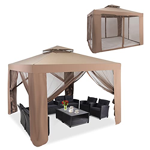 RELAX4LIFE 3 x 3 m Pavillon, Gartenpavillon mit Eisenrahmen&Moskitonetz, Gartenzelt mit 4 Seitenwänden&doppeltem Dach, Wasserdichtes&Sonnensicheres Partyzelt für Party Camping (Braun)