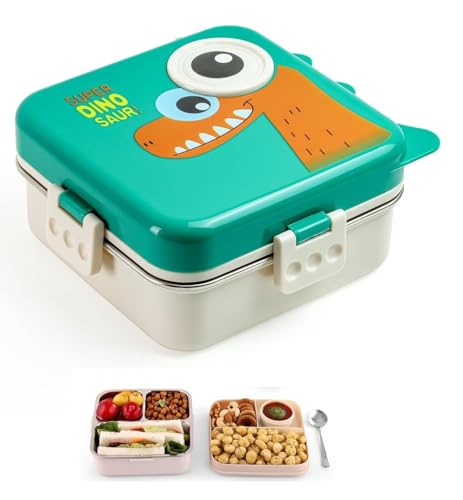 Image of Kids Stainless Steel Lunch Box for School, 1120ml Bento Lunch Box with 3 Compartments, Leak Proof Sauce Container, Spoon, BPA Free Insulated Tiffin Box, Dinosaur Lunch Box for Boys Girls,Green