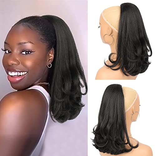 G&T Wig Yaki Drawstring Ponytail for Black Women Short Kinky Straight Ponytail Extensions Half Up Half Down Wig for Daily Wear (1B)