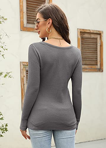 Image of Farktop Womens Long Sleeve Tops Henley V Neck Lightweight Pullover Sweaters | Casual, Loose Fit, Fall, Winter, Warm, Waffle Knit Shirts