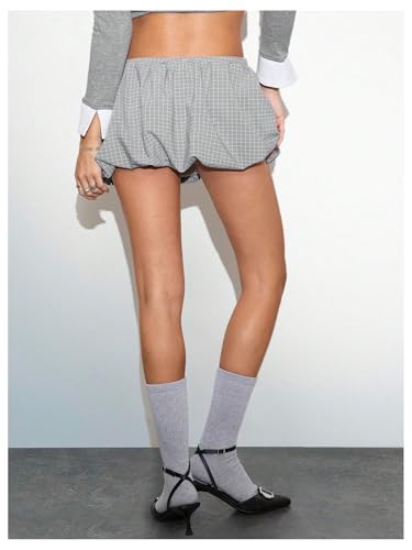 OYOANGLE Women's Plaid Mini Bubble Skirt Elastic Low Waist A Line Casual Skirts2