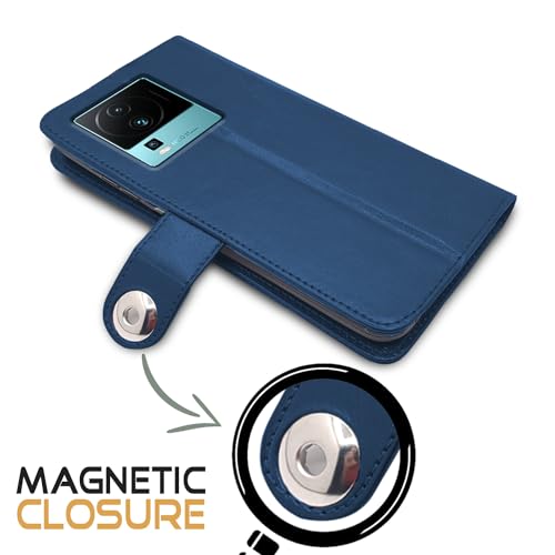 Image of Pikkme iQOO Neo 7 Pro 5G Flip Cover Leather Finish | Inside TPU with Card Pockets | Wallet Stand and Shock Proof | Complete Protection Button Flip Case (Blue)
