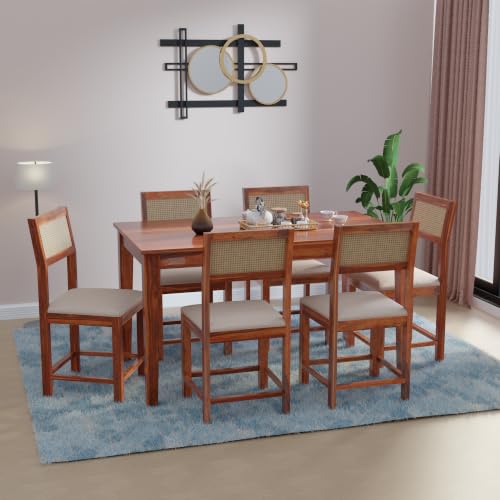 Image of DRIFTINGWOOD Amber Solid Sheesham Wood 6 Seater Dining Table Set with Rattan Back Chairs | Beige Velvet Cushioned Seating for Home & Dining Room (Honey Finish, DIY)