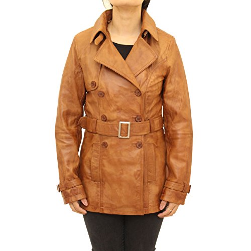 Señoras Mujeres beige y crema 3/4 largo botón cierre suave Real piel de cordero funda de piel Smart reguller bajera abrigo largo (tamaños...