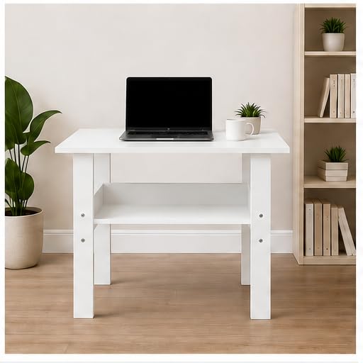 Image of ECOLINE Engineered Wood Computer Desk for Home & Office with Open Storage Shelf | Compact Study Table, Laptop Desk & Writing Workstation | Easy Assembly | White Finish | 90 x 50 x 75 cm