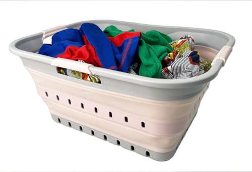 Image of SAMMART 42 (11 Gallons) Collapsible Plastic Laundry Basket, Foldable Pop Up Storage Container /Organizer, Space Saving Hamper, Portable Bin for Dorm Room Bathroom (1, Grey /Pink)
