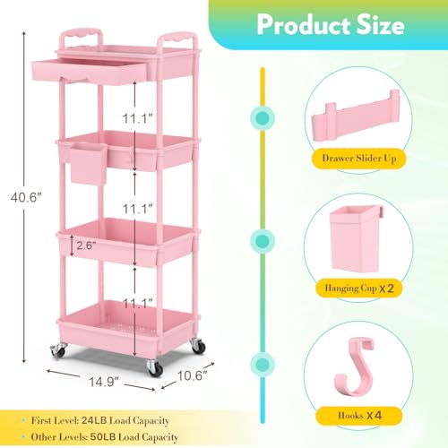 Image of SUNALLY Makeup Cart Organizer with Drawer, 4 Tier Rolling Makeup Cart, Pink