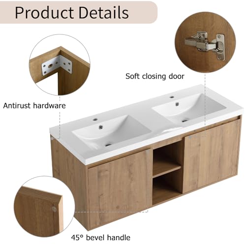 Image of Floating Bathroom Vanity, 48 inch Bathroom Storage Cabinet with Double Resin Sinks, 2 Soft-Close Doors & 2 Open Storage Shelves, Wall-Mounted Vanity with Extra Three-Layer Spacious Shelves, Oak