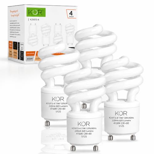 KOR (4 Pack) 13 Watt Mini Spiral - GU24 Base - (60W Equivalent) - T2 Mini-Twist - CFL Light Bulb (Cool White (4100K) CFL)