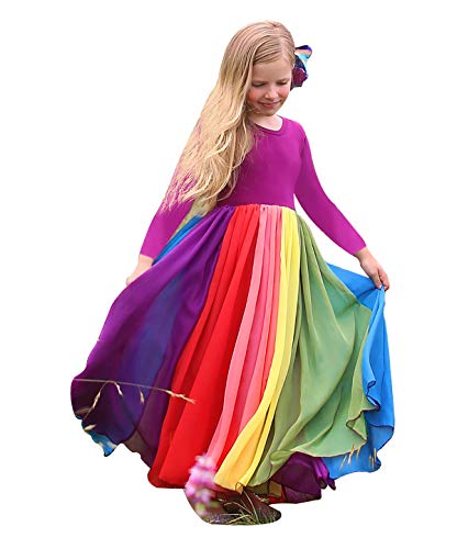 Girl Tutu Dress Long Sleeve Rainbow Tulle Skirt for Kids Toddler Layers Flower Girl Party Dresses Purple 7-8T