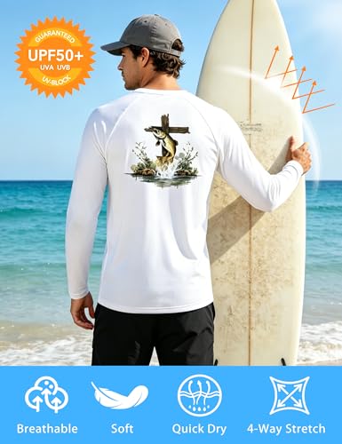 Image of Men's Rash Guard Long Sleeve, UPF 50+ UV Protection Sun Shirt, Quick Dry Lightweight T-Shirt for Fishing Swim Surf