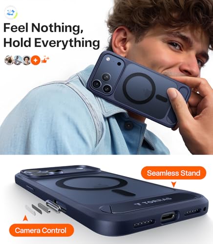Image of TORRAS Luxury Adjustable Stand Case for iPhone 17 Pro Max | Mil-Grade Protection Cover | Fit for MagSafe | Slim Matte Finish | Camera Control | Premium Imported | Ostand L1 Guardian 6.9'' Deep Blue