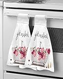 Hanging Tie Towel Set of 2 Kitchen Hand Towels Valentine's Day Flowers Bathtub with Red Wine...