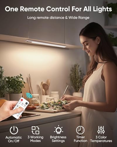 Image of 10inch Under Cabinet Lighting Wireless, LED Rechargeable Motion Sensor Light Indoor, Closet Lights with Remote, 3 Color Temps, Dimmable, Magnetic Under Counter Light for Kitchen, Stair, 4 Pack