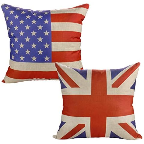 Luxbon Set of 2 Pcs Union Jack Flag and USA American Flag Cushion Covers 18x18 Sofa Throw Pillowcase 45x45cm Cotton Linen Cushion Case Covers Flag Lover Gift Home Decors Cover