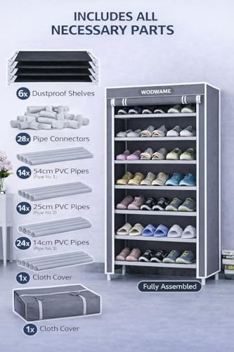 Image of 6-Tier Shoe Rack with Dust-Proof Cover, Black with Gold Trim, Multi-Pair Storage Organiser (Gray)