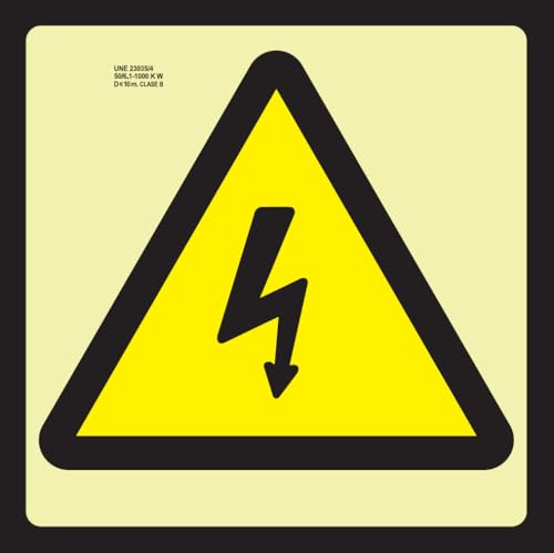 IberNorma FPB130 Señal Riesgo eléctrico 21x21cm Clase B D≤10m PVC Luminiscente Homologada nueva UNE 23034:2023 y RIPCI (Clase B)