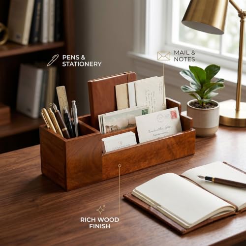 Image of Wooden Desk Organiser with Pen Holder, Mobile & Tablet Stand, Card Holder - Multi-Compartment Office Desk Organizer for Study Table, Bedside Table & Living Room | Walnut Finish