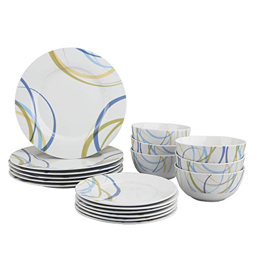 Amazon Basics 18-Piece Kitchen Dinnerware Set, Plates, Dishes, Bowls, Service for 6, Cool Ribbons